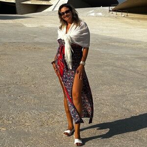 Chic Maxi Red and Blue Dress with Slits